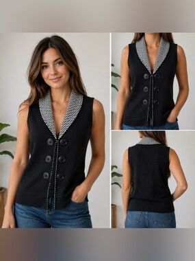 ANGEL Apparel Black Knit Vest Chevron Collar Button Front Size 1XL